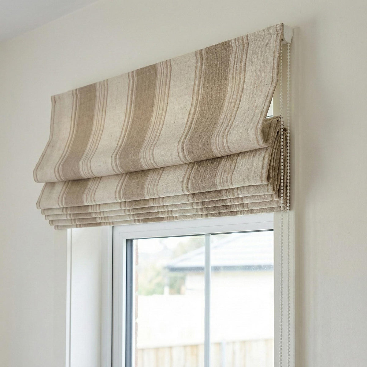 Custom Farmhouse Stripe Roman Shade: Organic Linen, Taupe & Beige — image 3