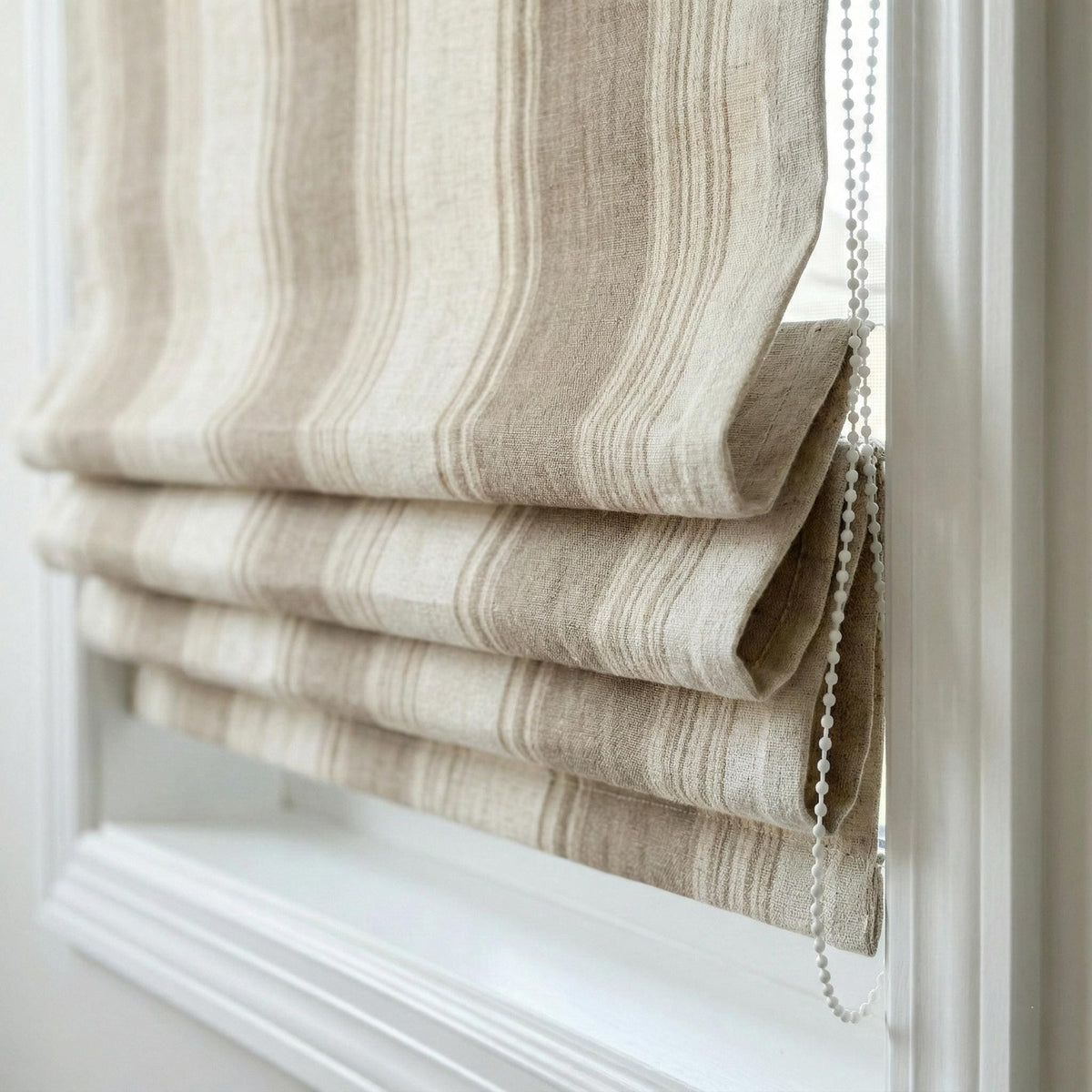 Custom Farmhouse Stripe Roman Shade: Organic Linen, Taupe & Beige — image 4