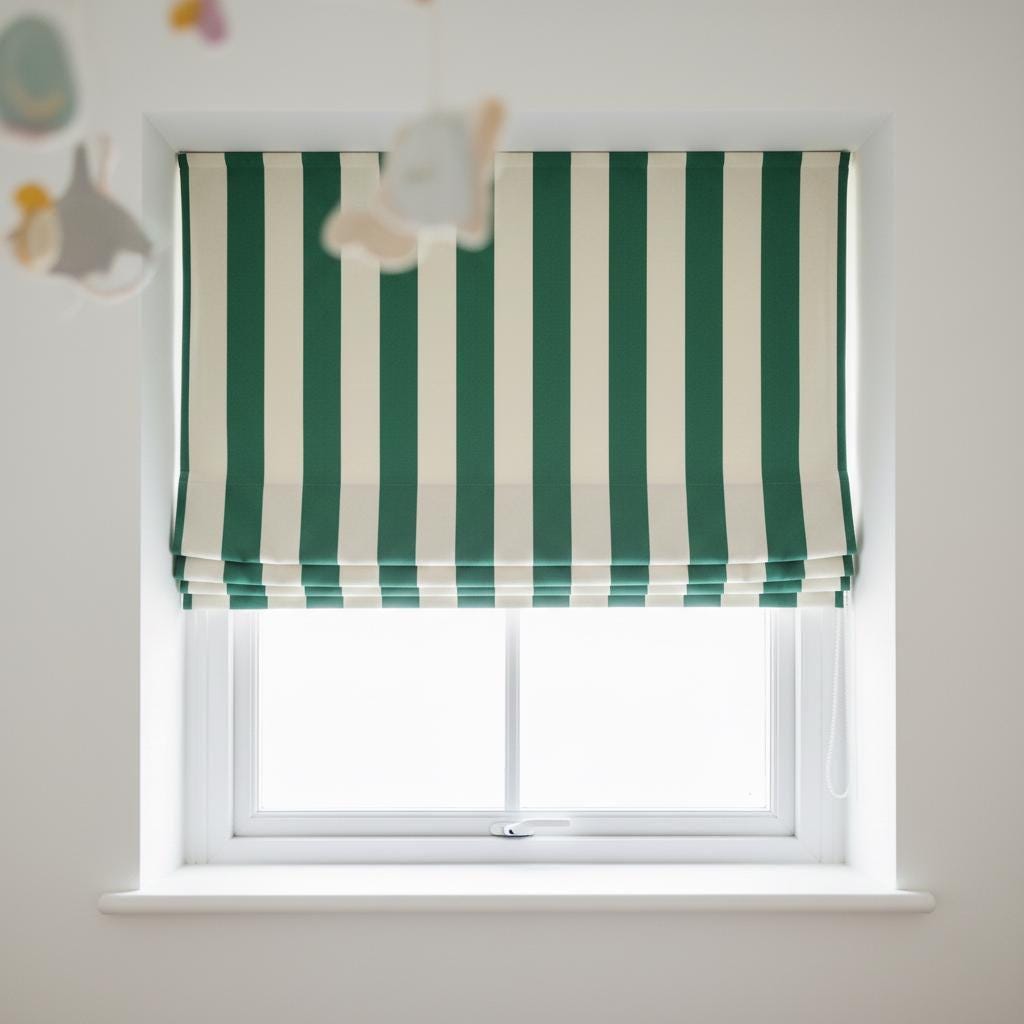 Emerald Green Striped Velvet Roman Shade - Custom Blackout Nursery Window Blind — image 5