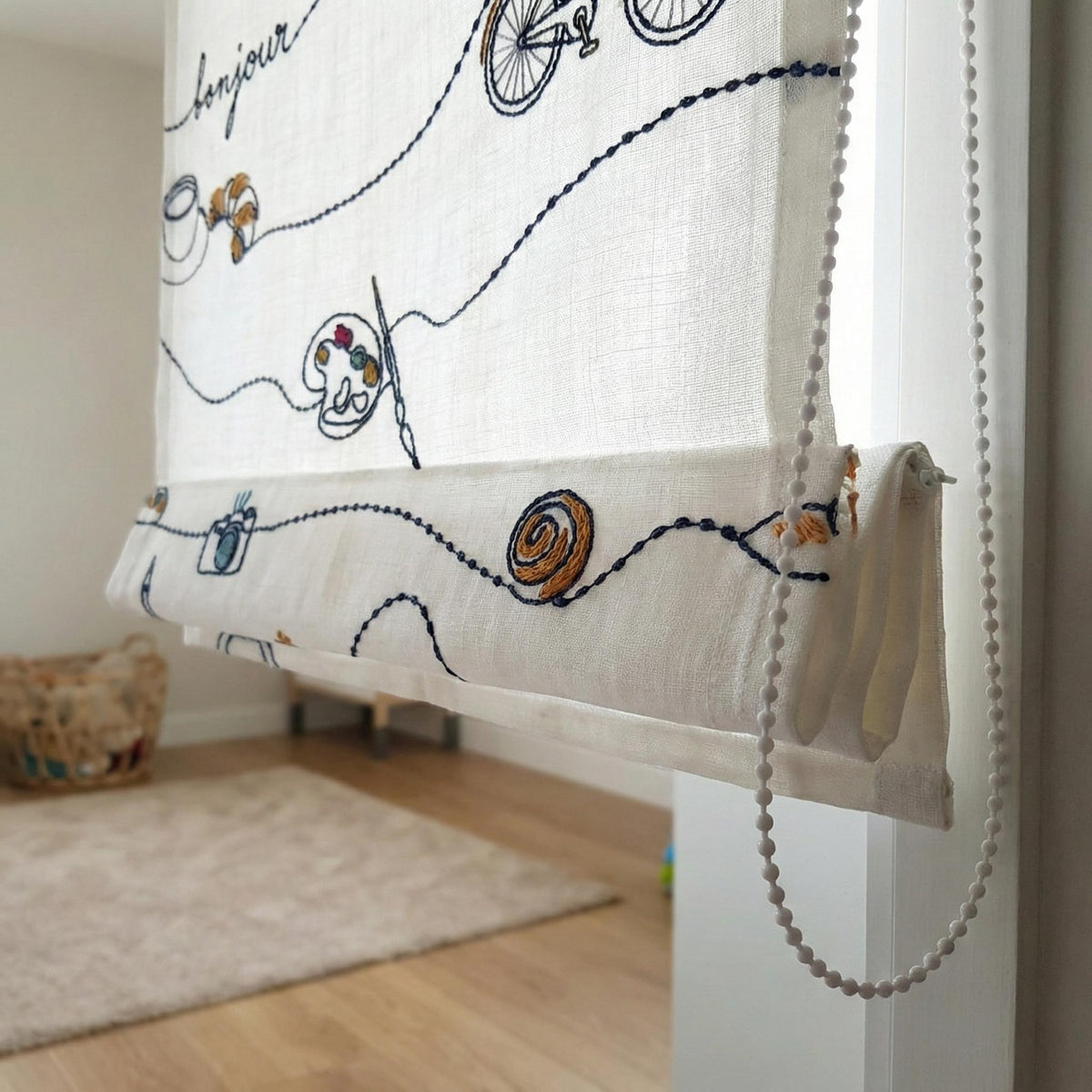 Paris Embroidered Linen Roman Shade, Bonjour Nursery Blind, Custom Corded Shade — image 6