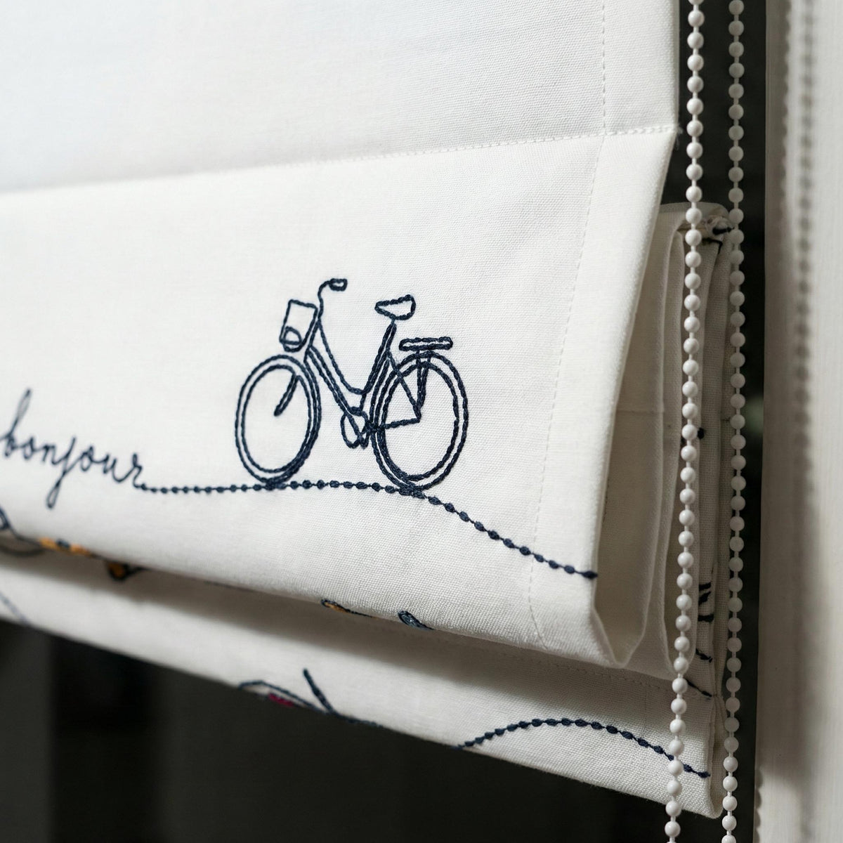 Paris Embroidered Linen Roman Shade, Bonjour Nursery Blind, Custom Corded Shade — image 9