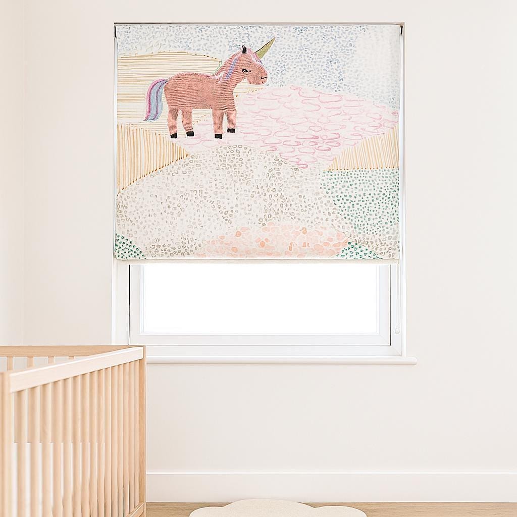 Unicorn Nursery Roman Shade: Pastel Embroidery, Custom Linen — image 3