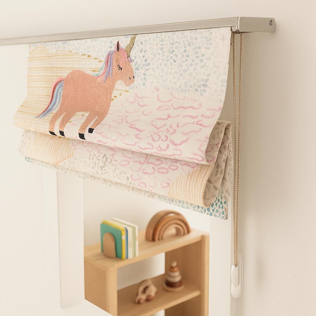 Unicorn Nursery Roman Shade: Pastel Embroidery, Custom Linen — image 7