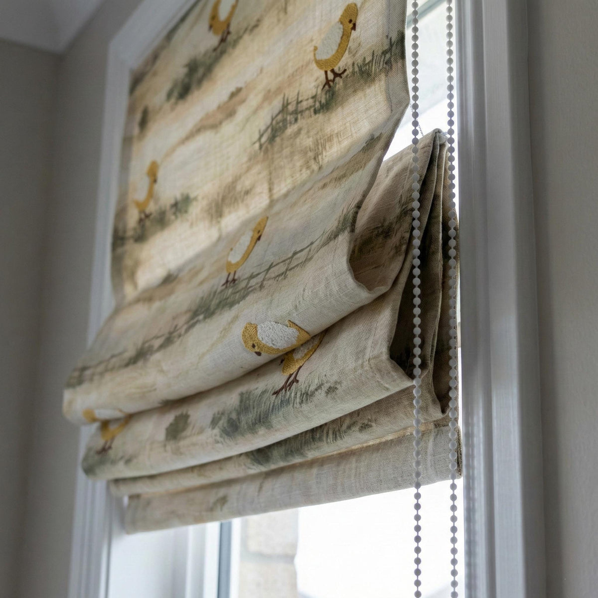 Embroidered Linen Roman Shade, Farmhouse Nursery Chick Blind, Custom Size — image 2