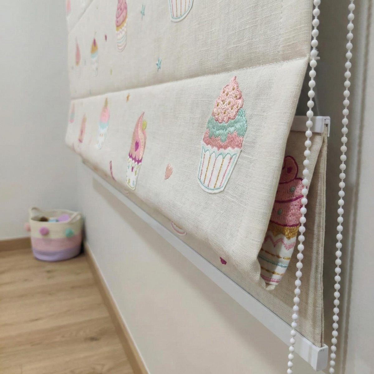 Cupcake Embroidered Linen Roman Shade, Nursery Corded Blind, Oeko-Tex — image 6