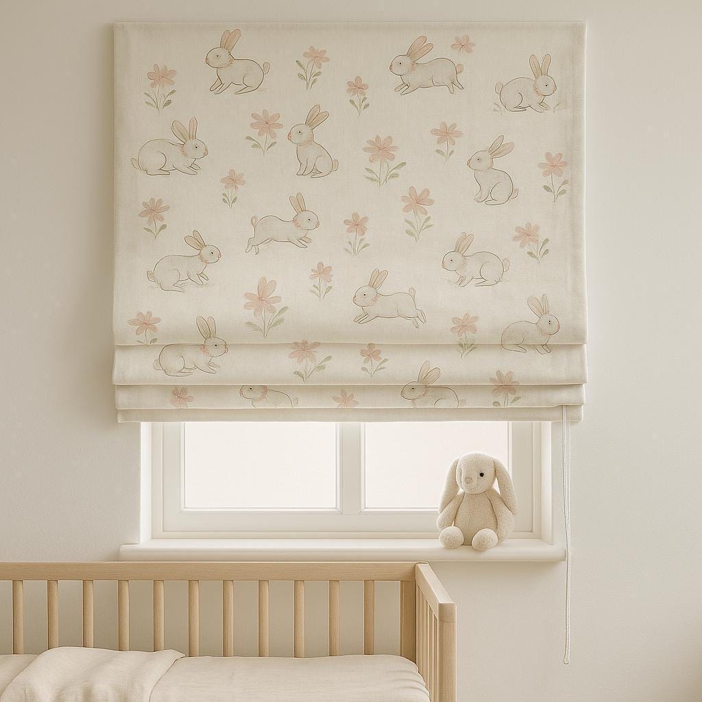 Bunny Print Linen Roman Shade: Nursery Blackout Blind — image 1