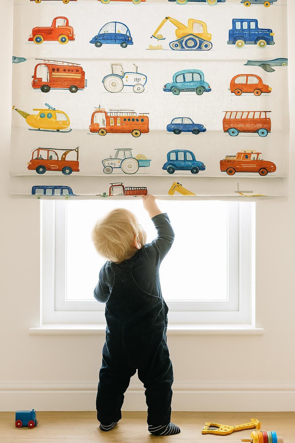 Roman Blind: Organic Linen with Cars and Trucks - Custom Size — image 4