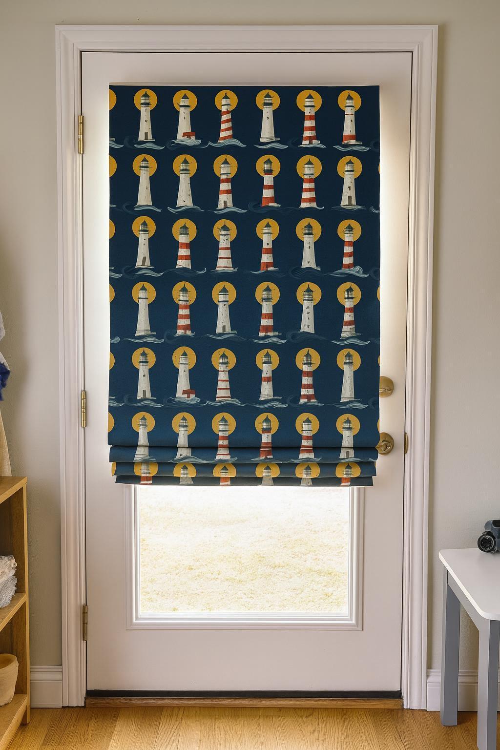 Roman Shade: Nautical Lighthouse Print - Organic Cotton, Child Safe — image 1