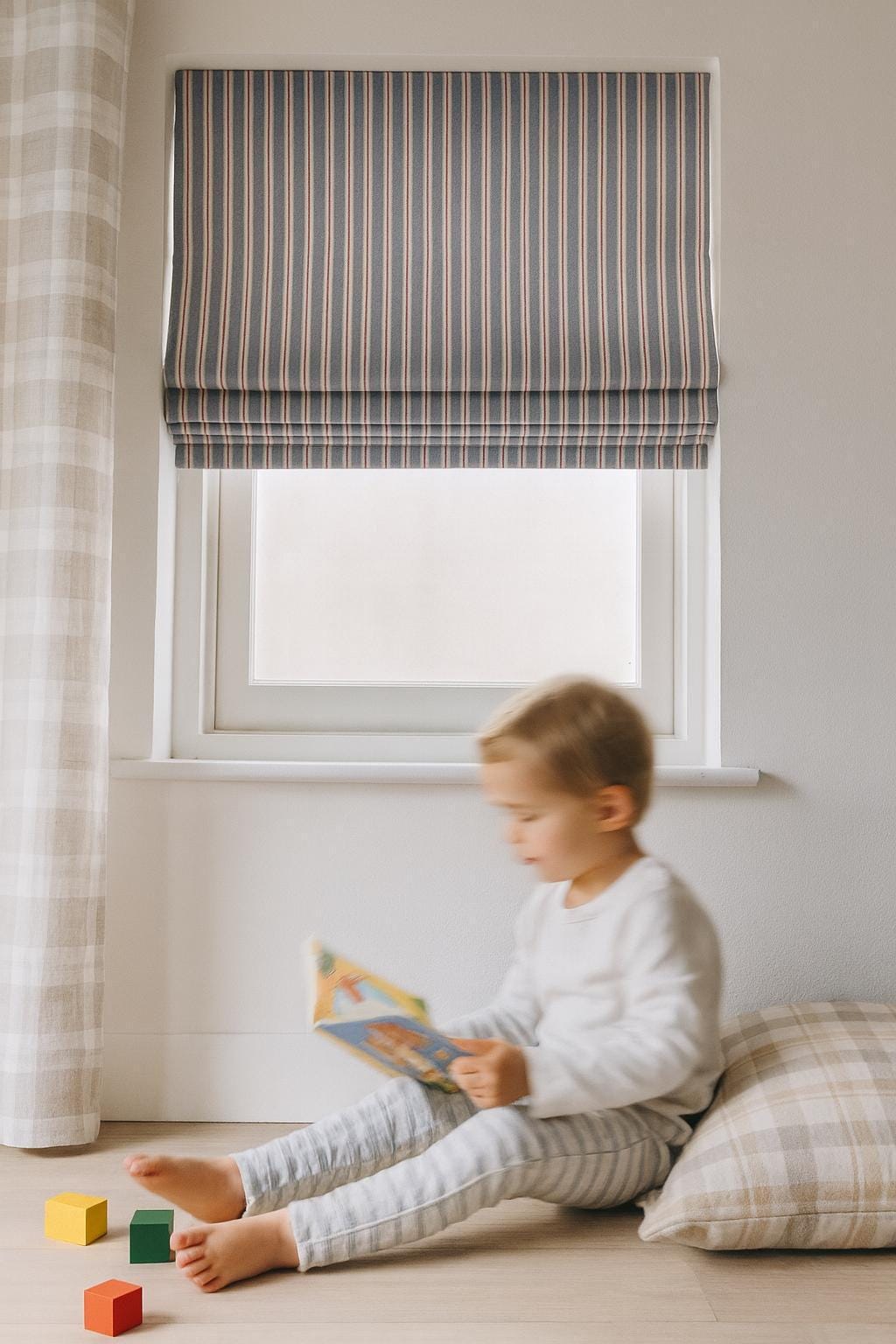 Roman Shade for Kids: Slate Blue Stripes - Organic Cotton — image 7