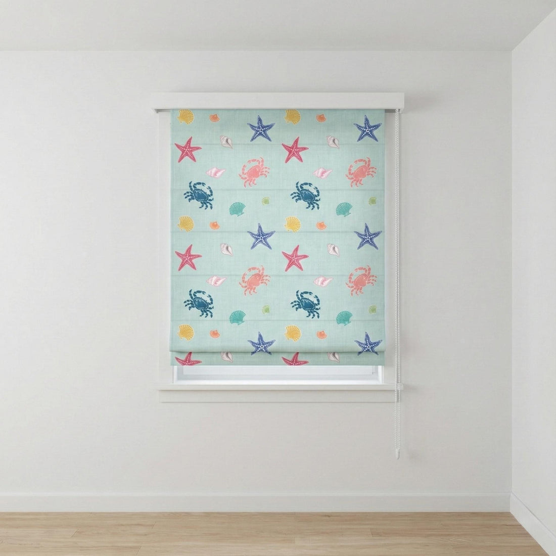 Roman Shade: Aqua Sea Life Print - Organic Linen, Blackout Option — image 1