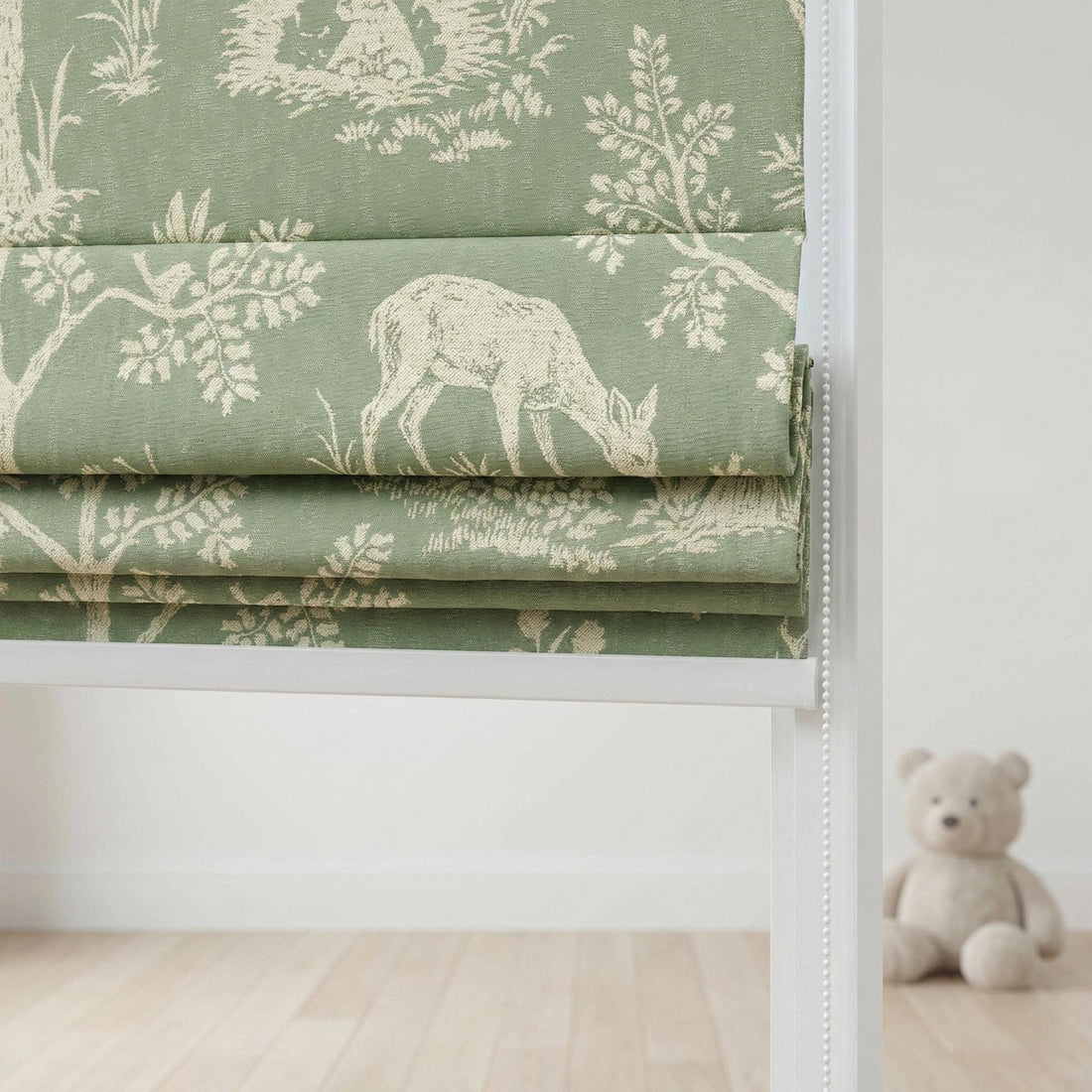 Kids Roman Shade, Sage Green Linen, Woodland Animals (Custom Size) — image 1