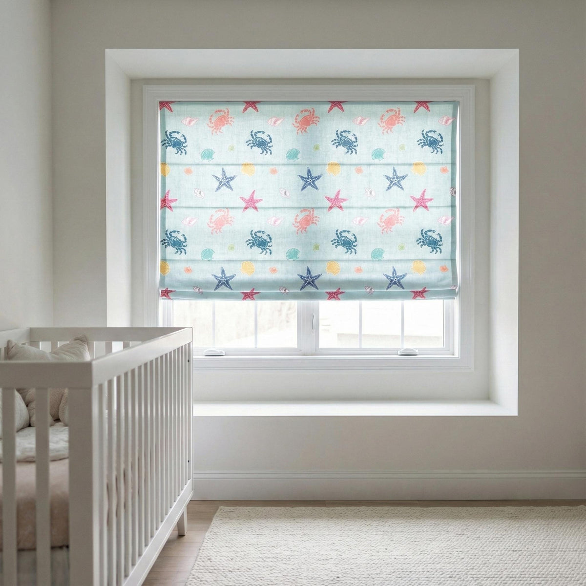 Roman Shade: Aqua Sea Life Print - Organic Linen, Blackout Option — image 4