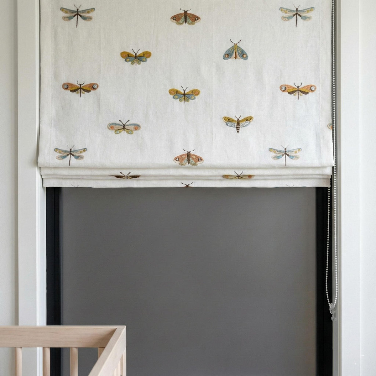Embroidered Dragonfly Roman Shade: Organic Linen for Kids’ Rooms — image 8
