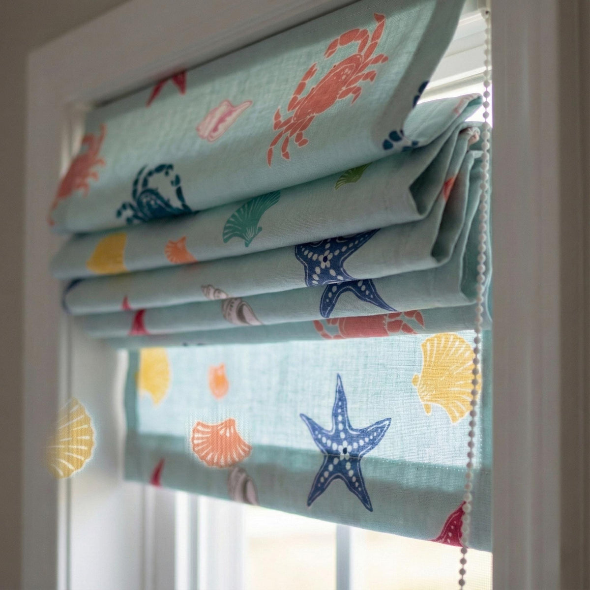 Roman Shade: Aqua Sea Life Print - Organic Linen, Blackout Option — image 8