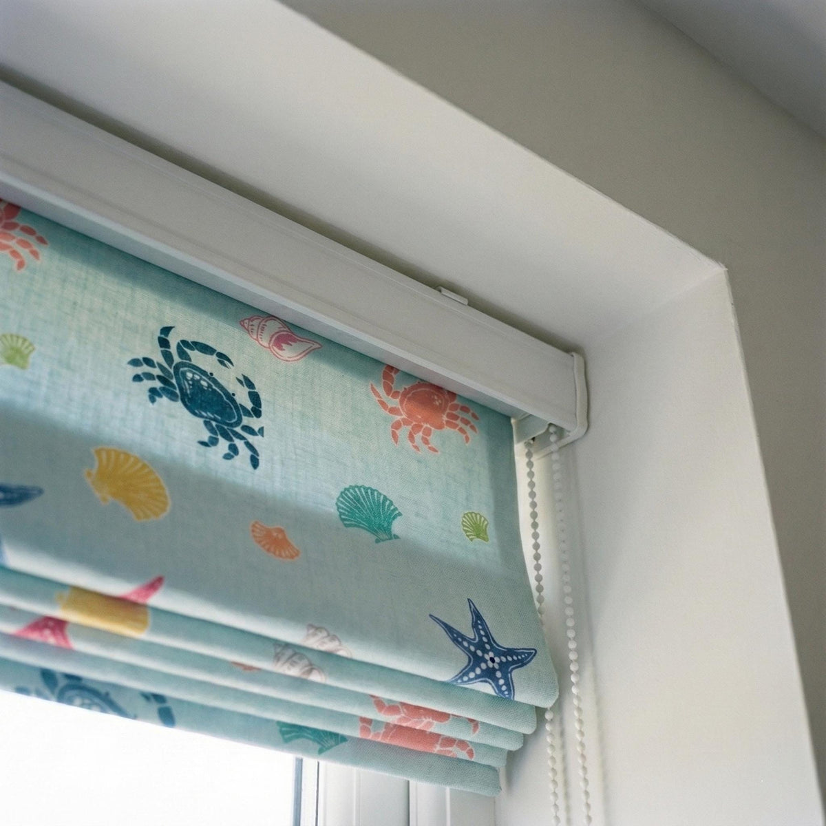 Roman Shade: Aqua Sea Life Print - Organic Linen, Blackout Option — image 9