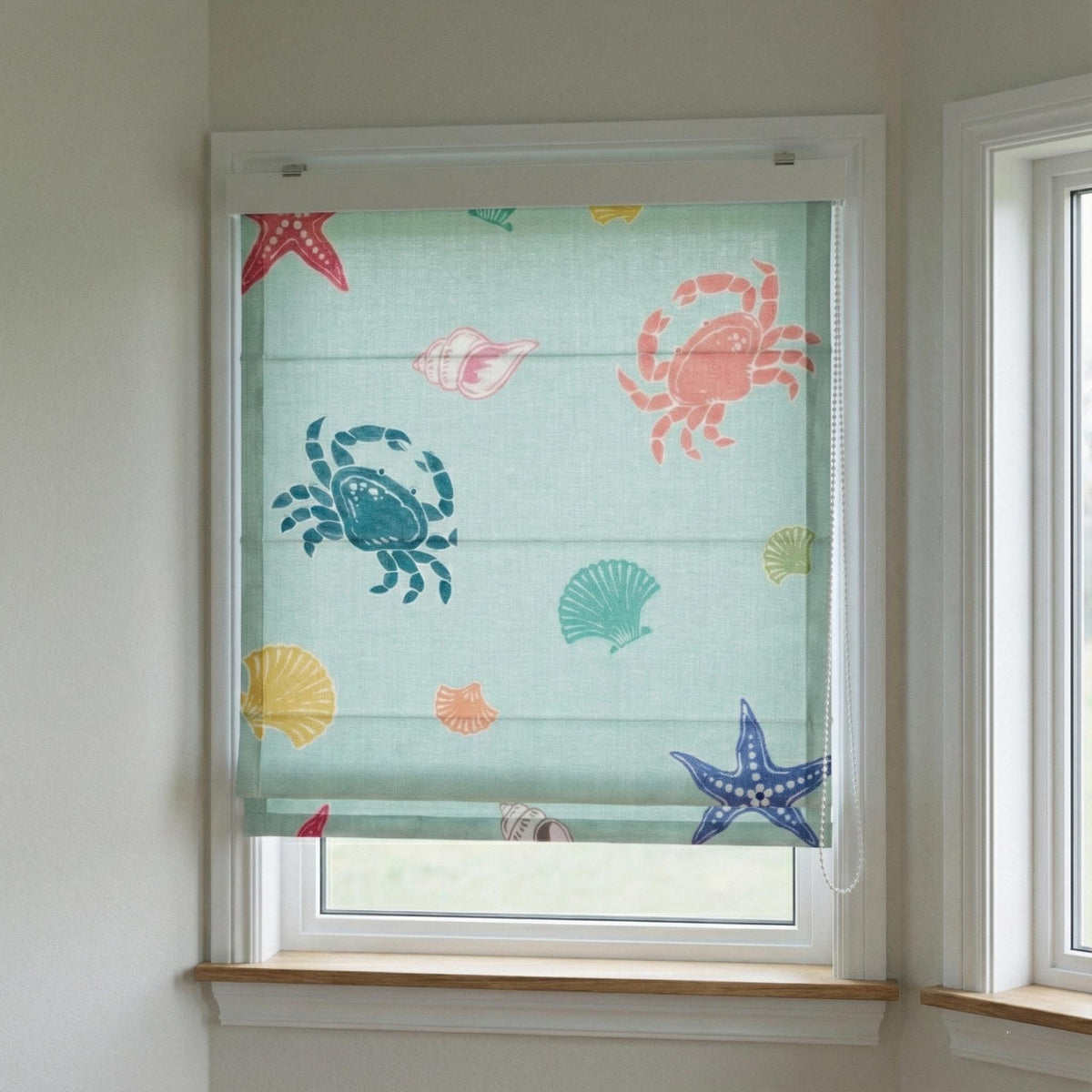Roman Shade: Aqua Sea Life Print - Organic Linen, Blackout Option — image 10