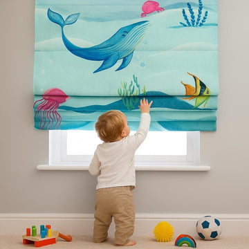 Kids Room Roman Shade, Whale & Jellyfish Print (Organic Linen) — image 1