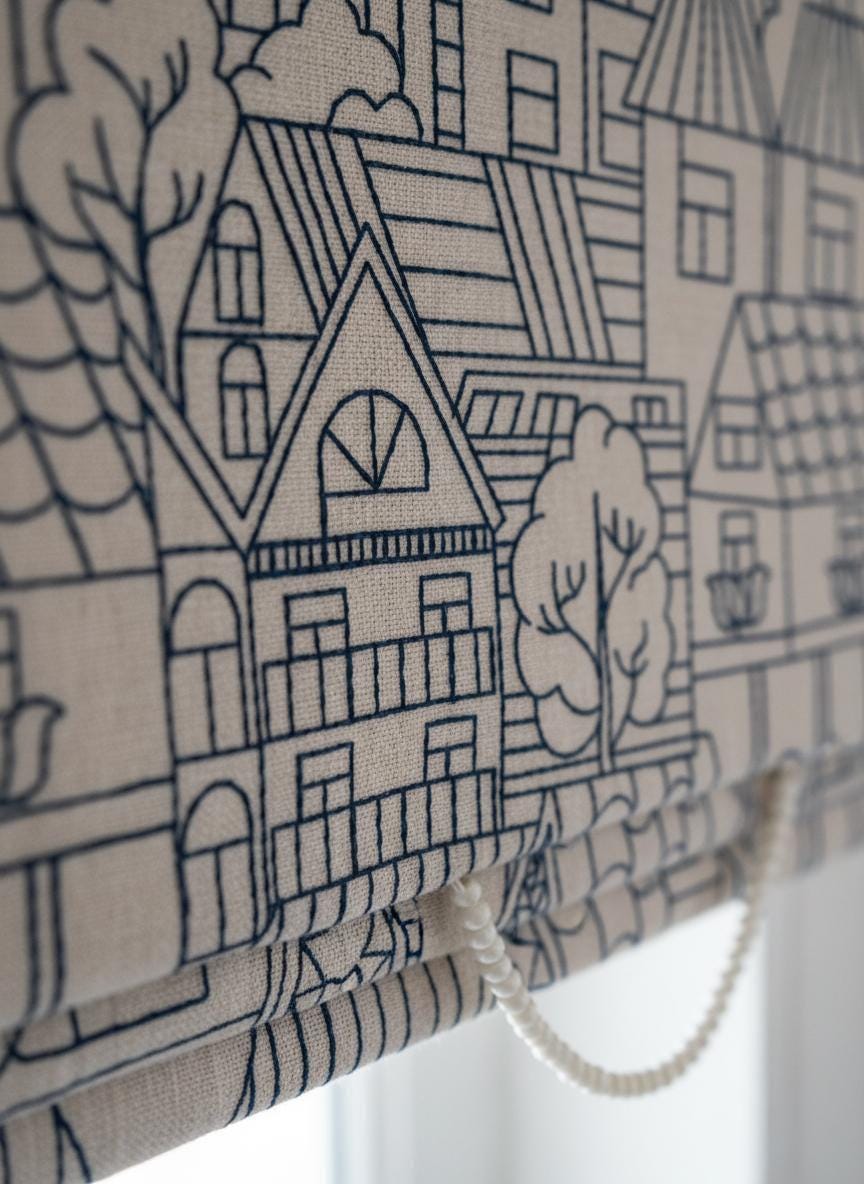 Roman Shade: Kids Navy House Embroidery on Linen (Custom Sizes, Liner Choices) — image 1