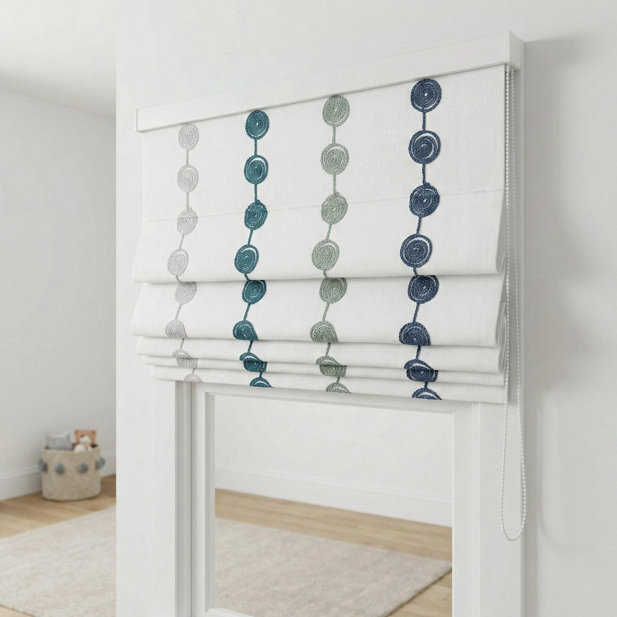 Embroidered Linen Roman Shade, Blue Green Dot Chain, Nursery Window Blind — image 2