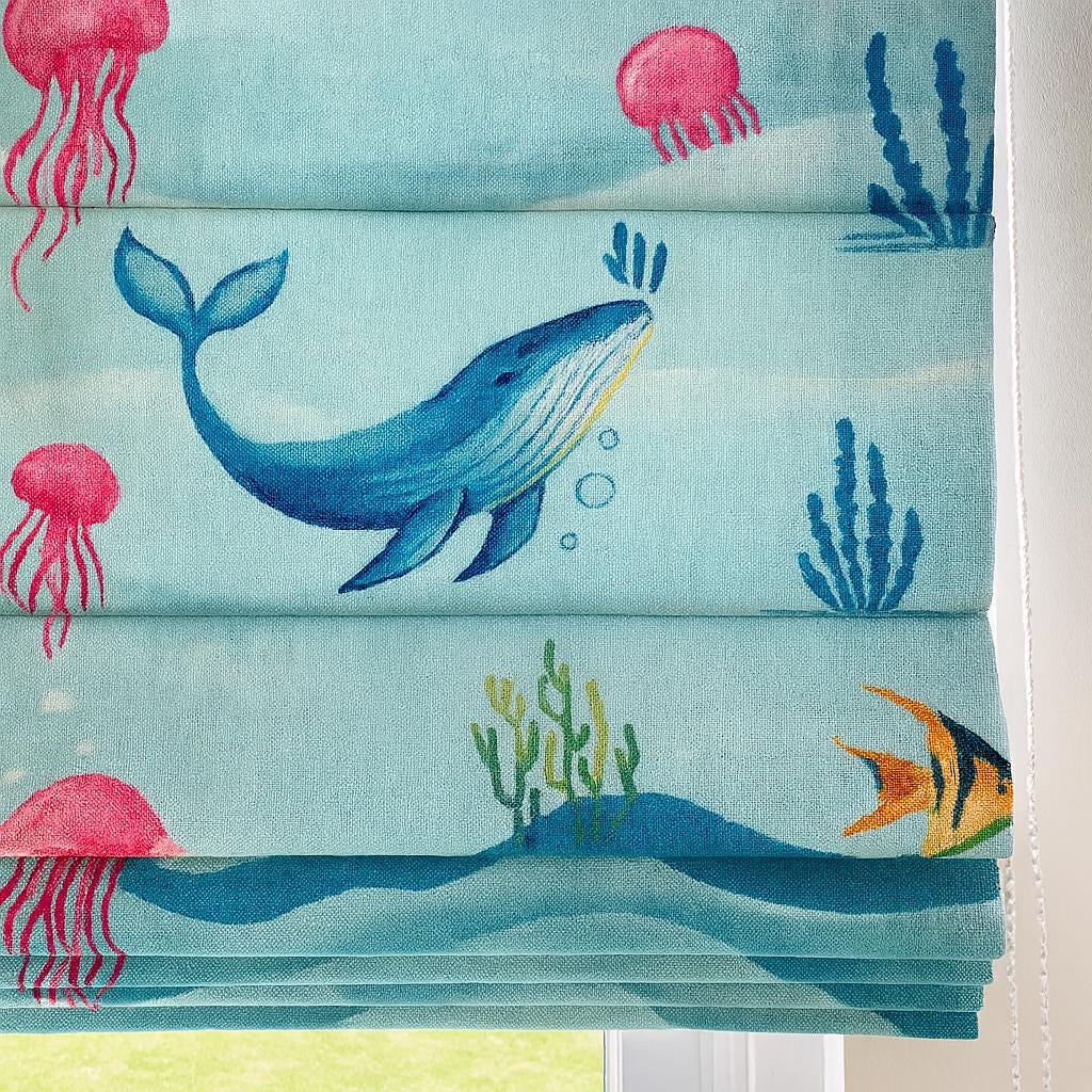 Kids Room Roman Shade, Whale & Jellyfish Print (Organic Linen) — image 2