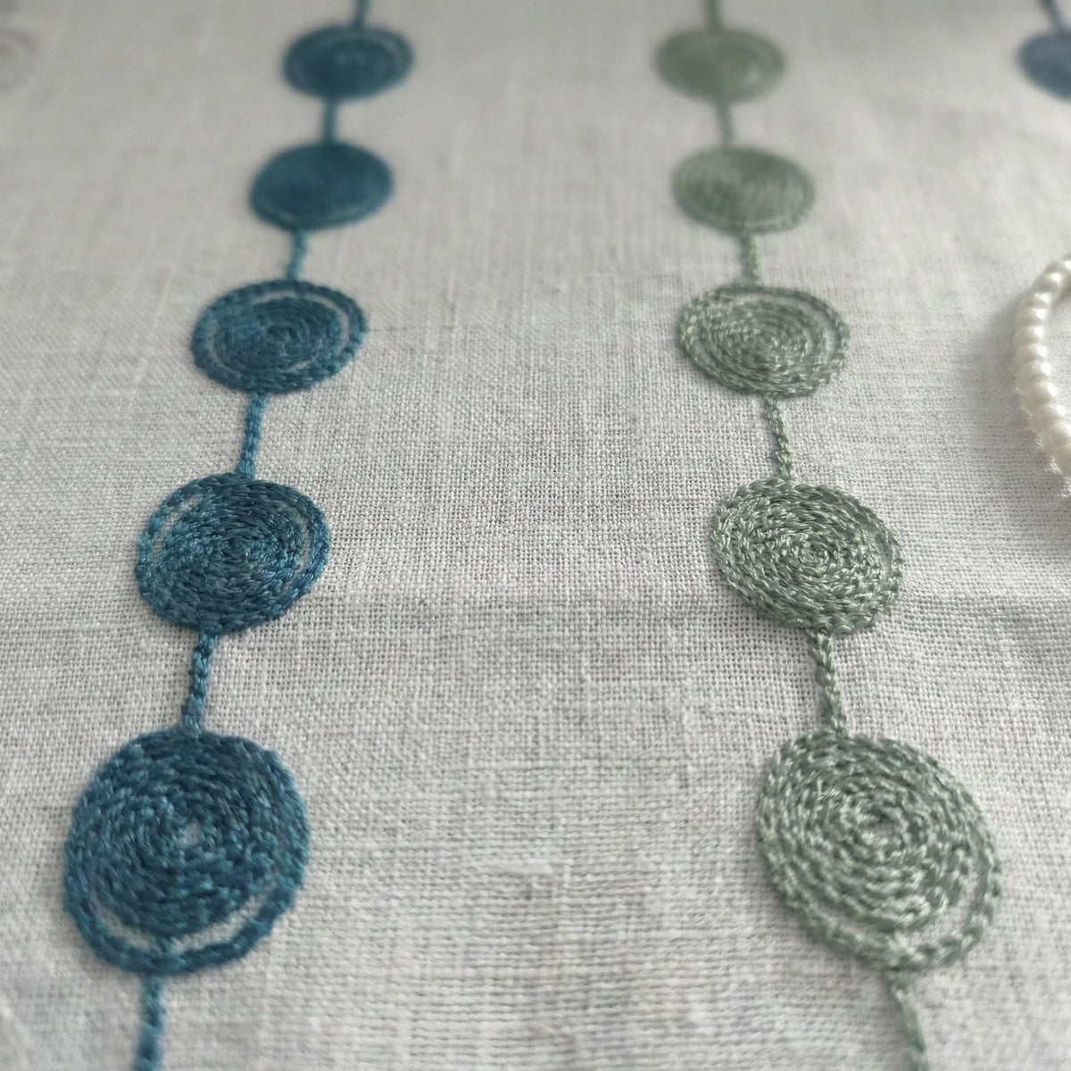 Embroidered Linen Roman Shade, Blue Green Dot Chain, Nursery Window Blind — image 3