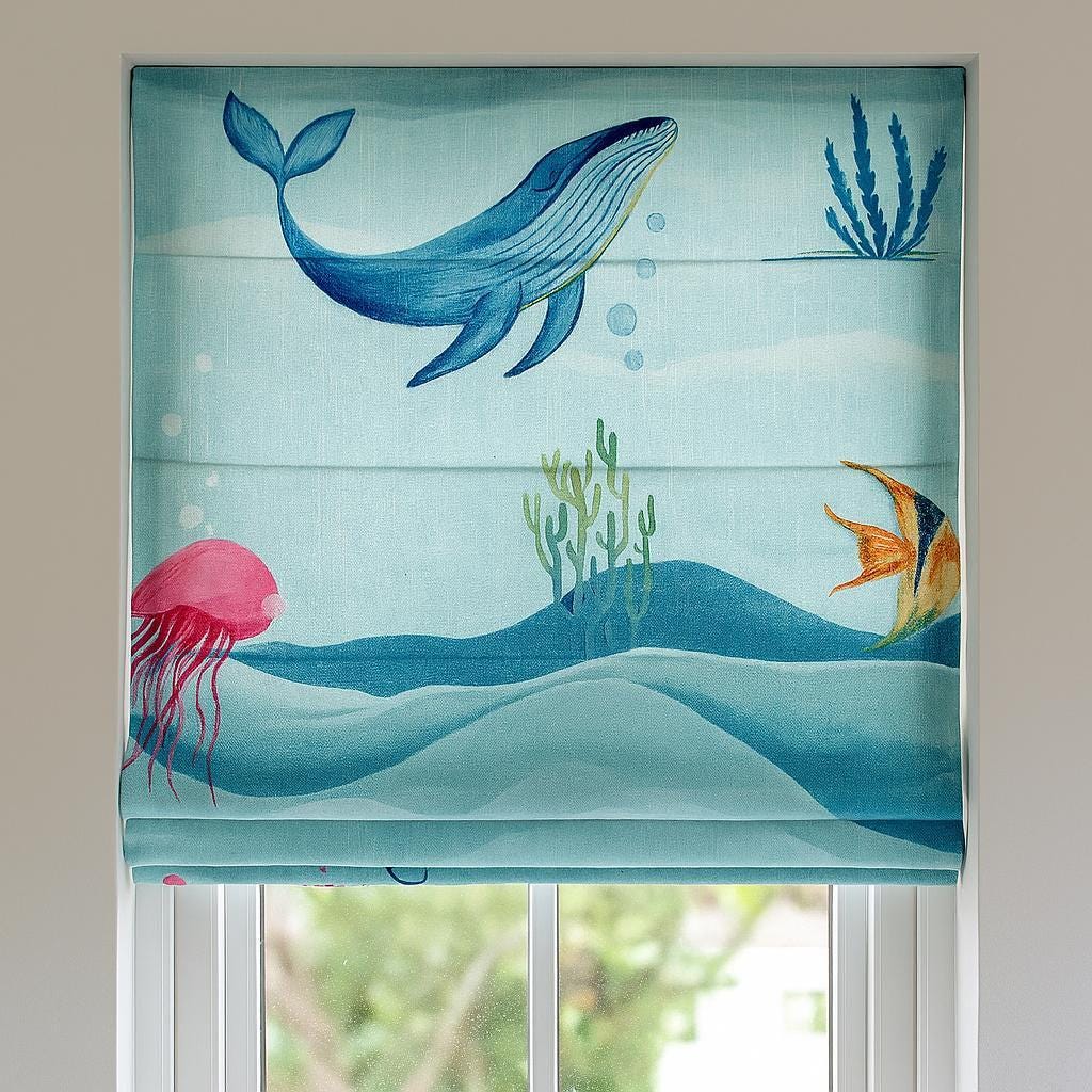 Kids Room Roman Shade, Whale & Jellyfish Print (Organic Linen) — image 4