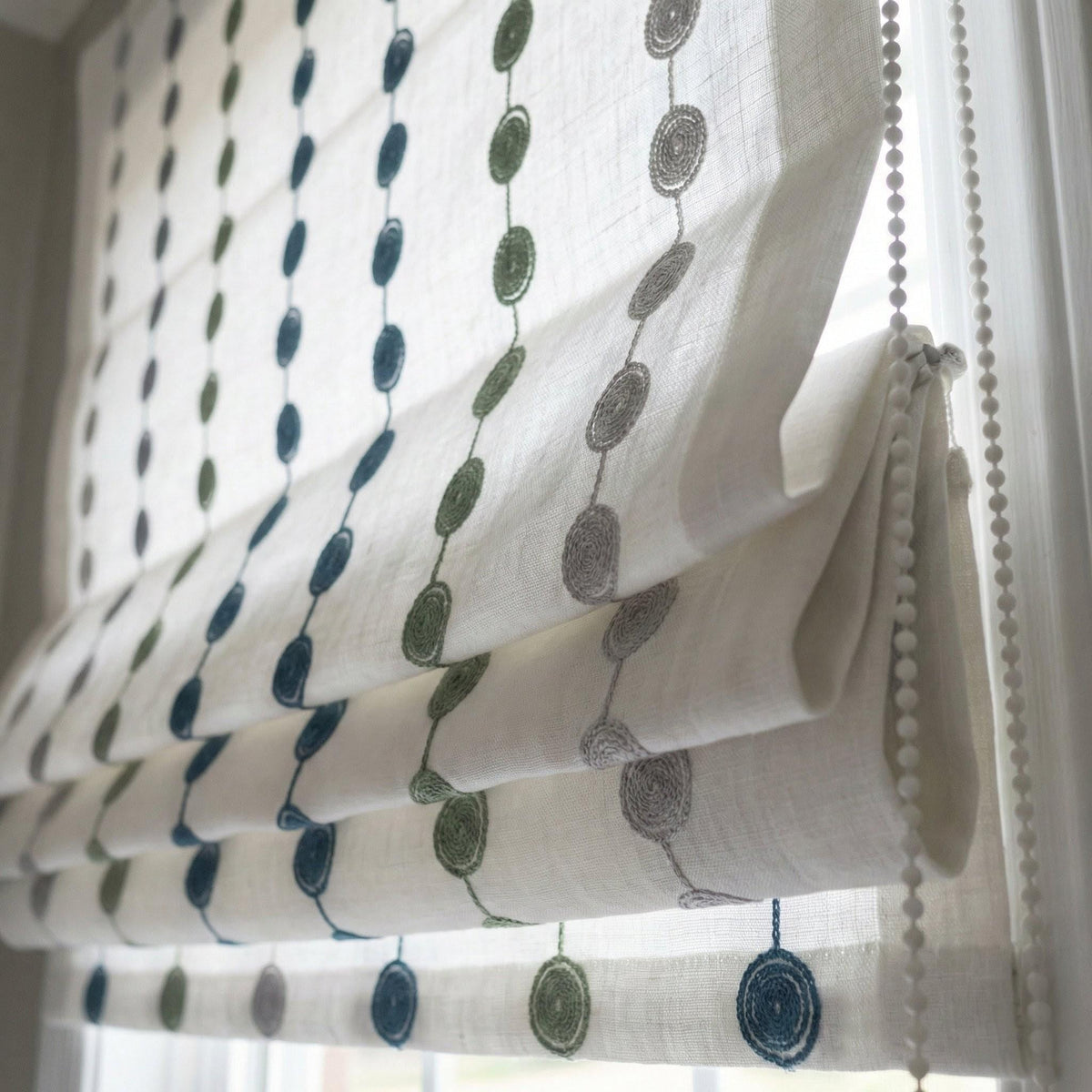 Embroidered Linen Roman Shade, Blue Green Dot Chain, Nursery Window Blind — image 4