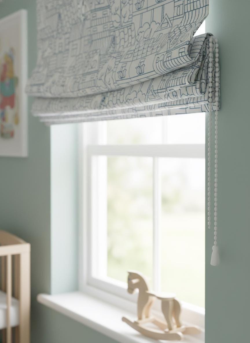 Roman Shade: Kids Navy House Embroidery on Linen (Custom Sizes, Liner Choices) — image 6