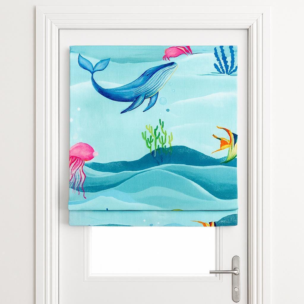 Kids Room Roman Shade, Whale & Jellyfish Print (Organic Linen) — image 5