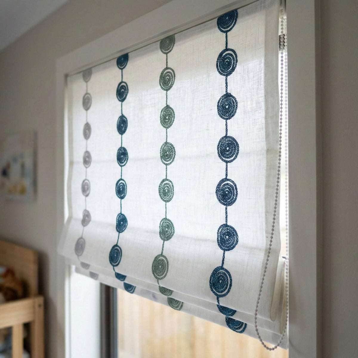 Embroidered Linen Roman Shade, Blue Green Dot Chain, Nursery Window Blind — image 5