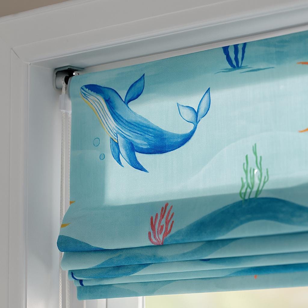 Kids Room Roman Shade, Whale & Jellyfish Print (Organic Linen) — image 7