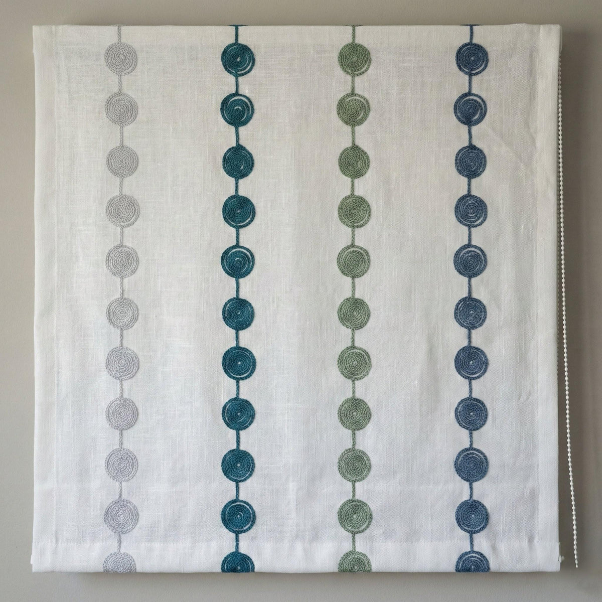 Embroidered Linen Roman Shade, Blue Green Dot Chain, Nursery Window Blind — image 7