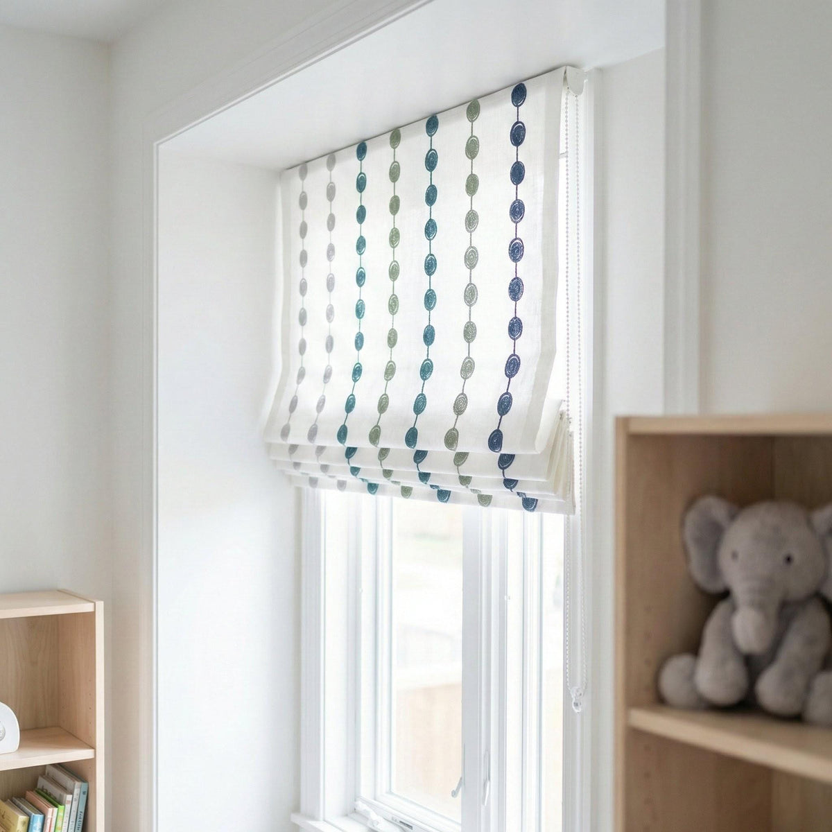 Embroidered Linen Roman Shade, Blue Green Dot Chain, Nursery Window Blind — image 10