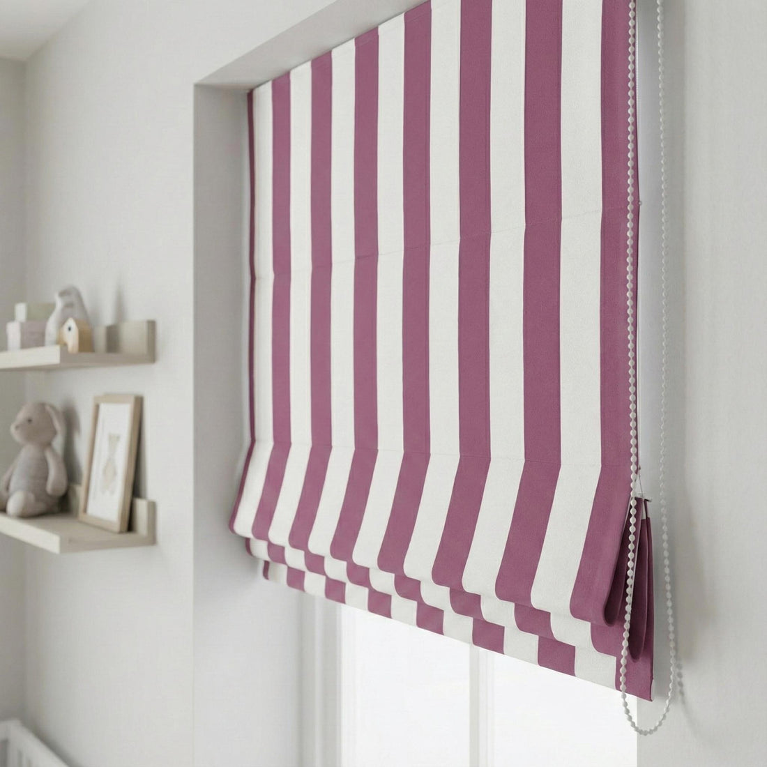 Custom Berry Pink Striped Velvet Roman Shade - Blackout Nursery Blinds — image 1