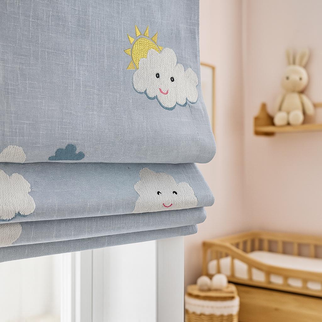 Roman Shade: Hand-Embroidered Cloud & Sun Design (Light Filtering or Blackout) — image 3