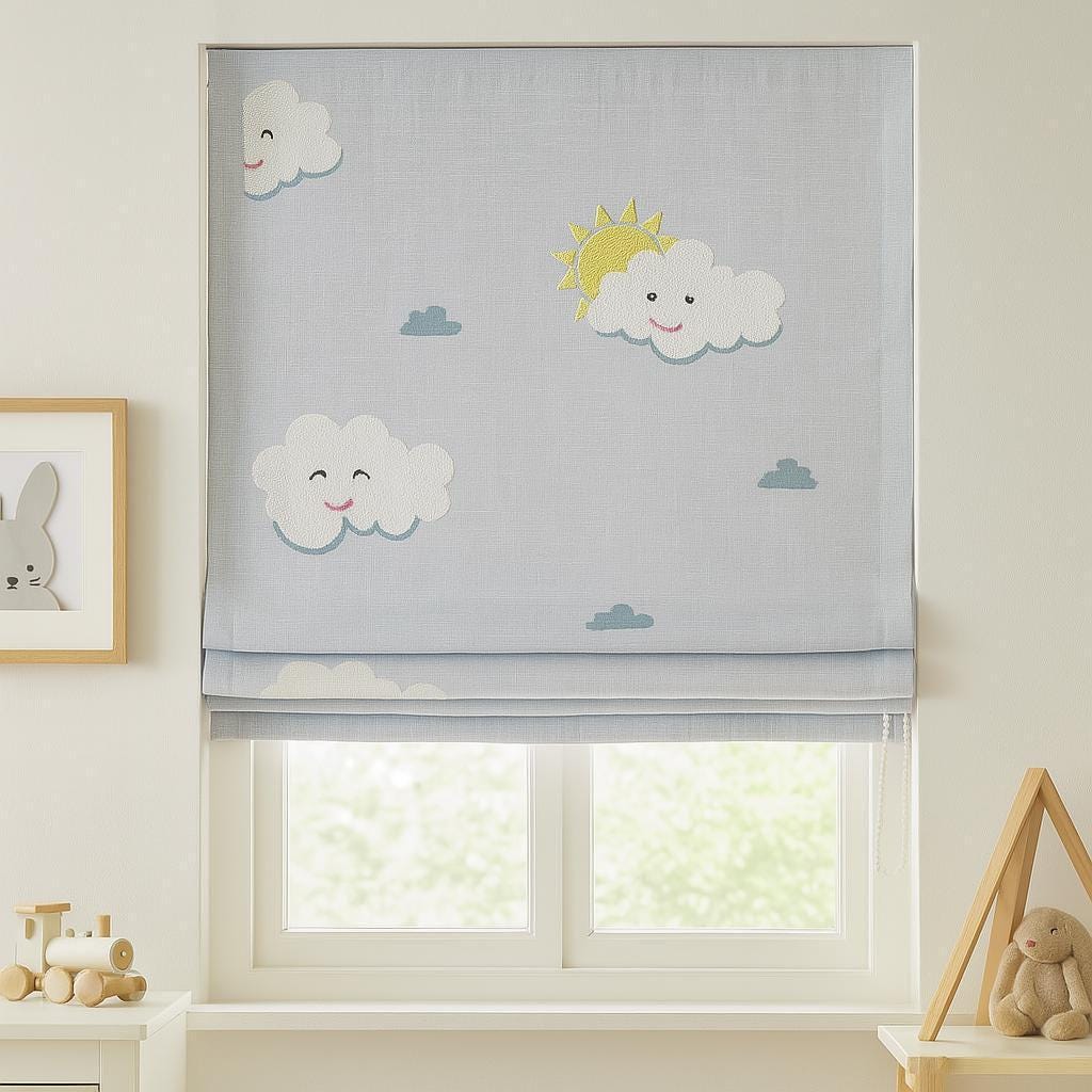 Roman Shade: Hand-Embroidered Cloud & Sun Design (Light Filtering or Blackout) — image 6