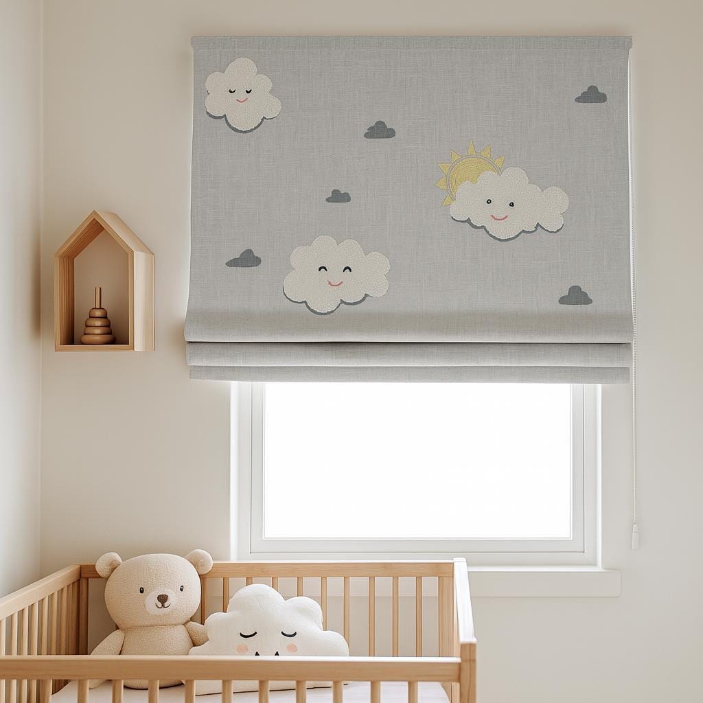 Roman Shade: Hand-Embroidered Cloud & Sun Design (Light Filtering or Blackout) — image 7