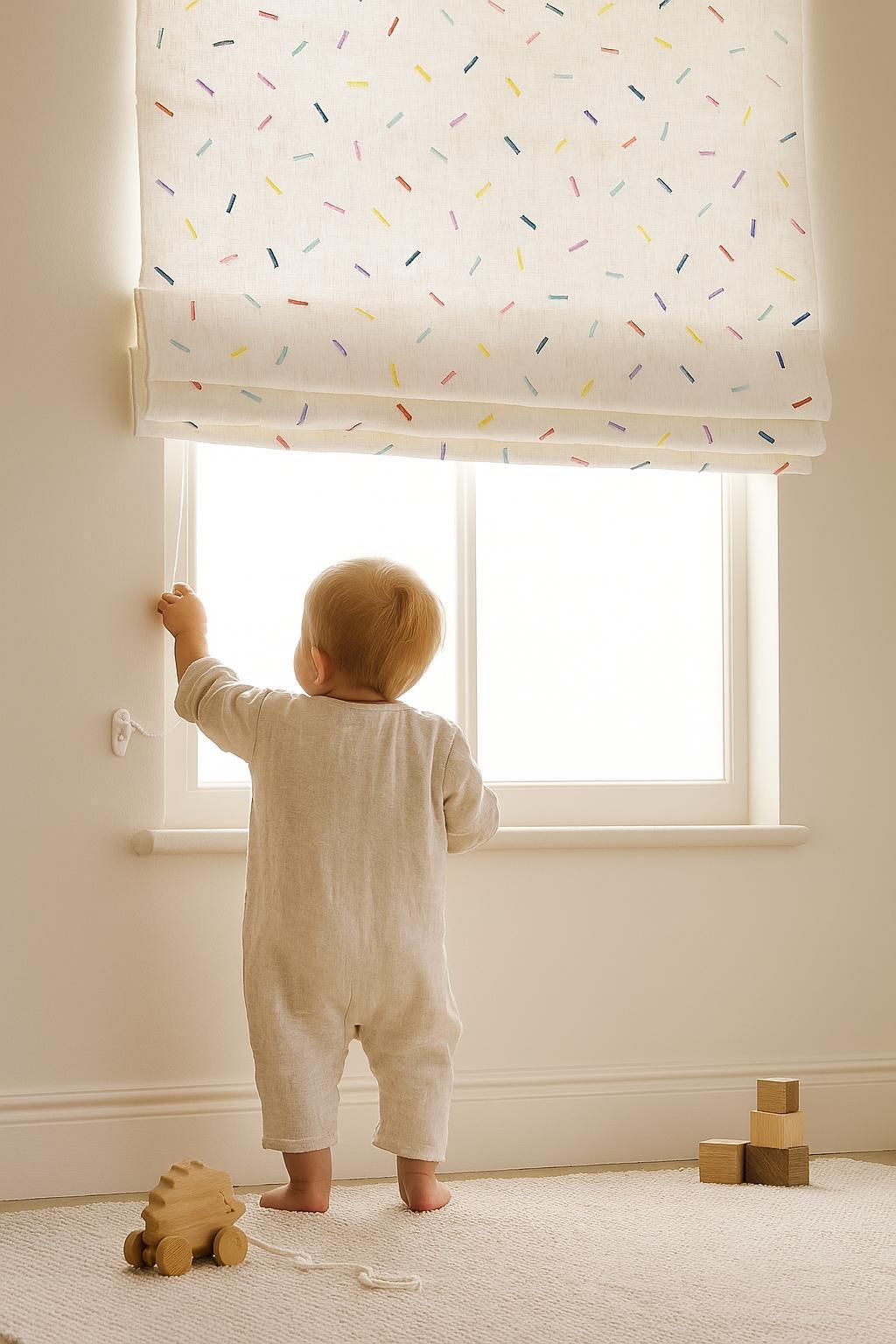 Roman Shade for Kids: Rainbow Confetti Embroidery (Custom Size, Organic Linen) — image 1