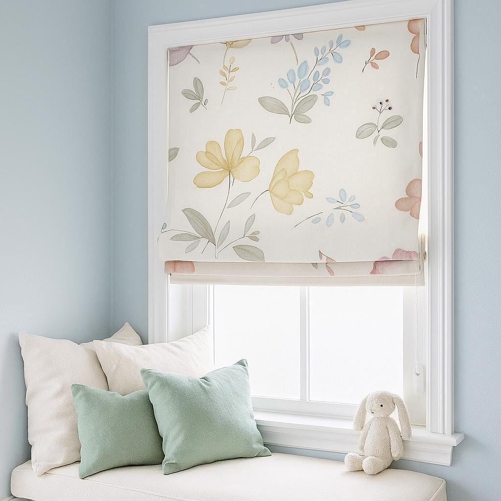 Watercolor Floral Roman Blinds: Thick Linen, Kids Room Shade — image 1