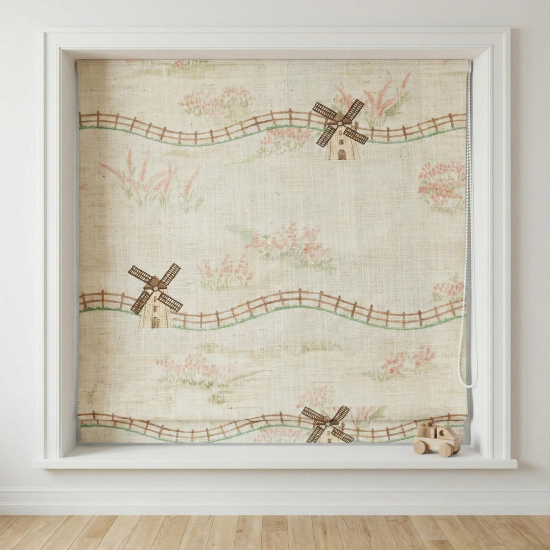 Farmhouse Windmill Linen Roman Shade, Custom Nursery Blind, Oeko-Tex — image 1