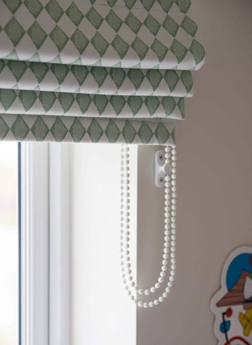 Sage Green Diamond Velvet Roman Shade - Corded Nursery Blind — image 5