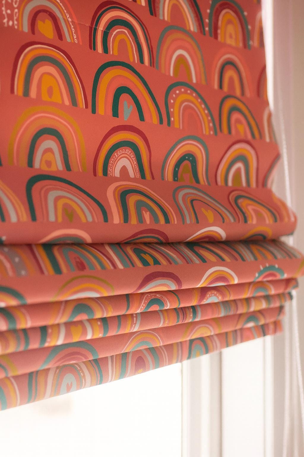 Kids Room Roman Shade, Coral Rainbow Organic Cotton (Blackout or Light-Filtering) — image 1