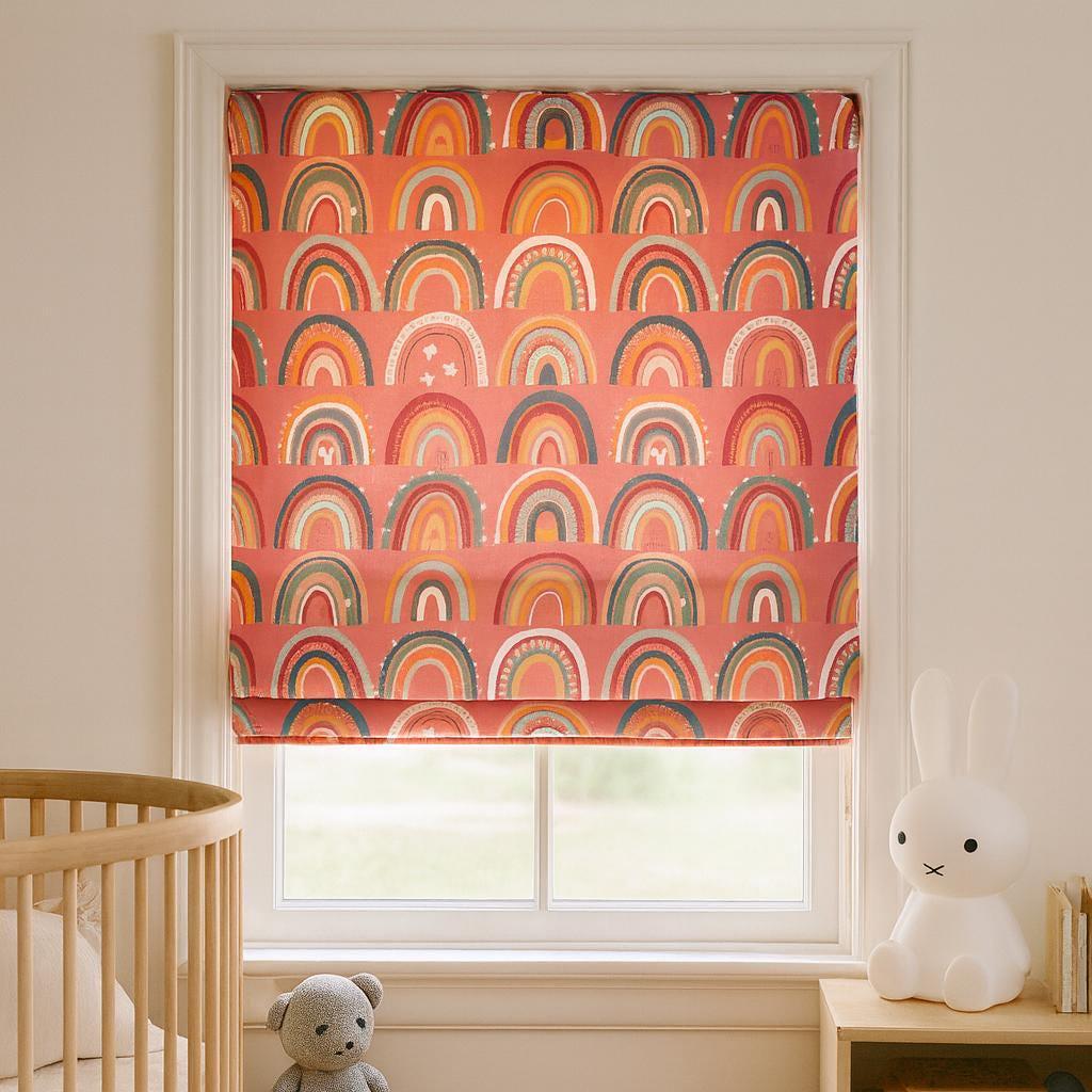 Kids Room Roman Shade, Coral Rainbow Organic Cotton (Blackout or Light-Filtering) — image 1