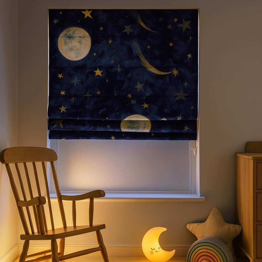 Starry Night Roman Shade - Organic Linen, Moon and Stars Print — image 6