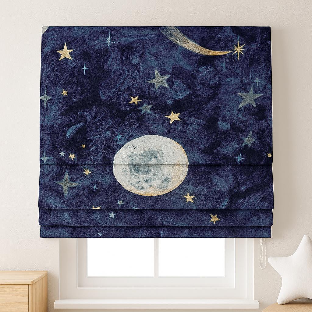 Starry Night Roman Shade - Organic Linen, Moon and Stars Print — image 8