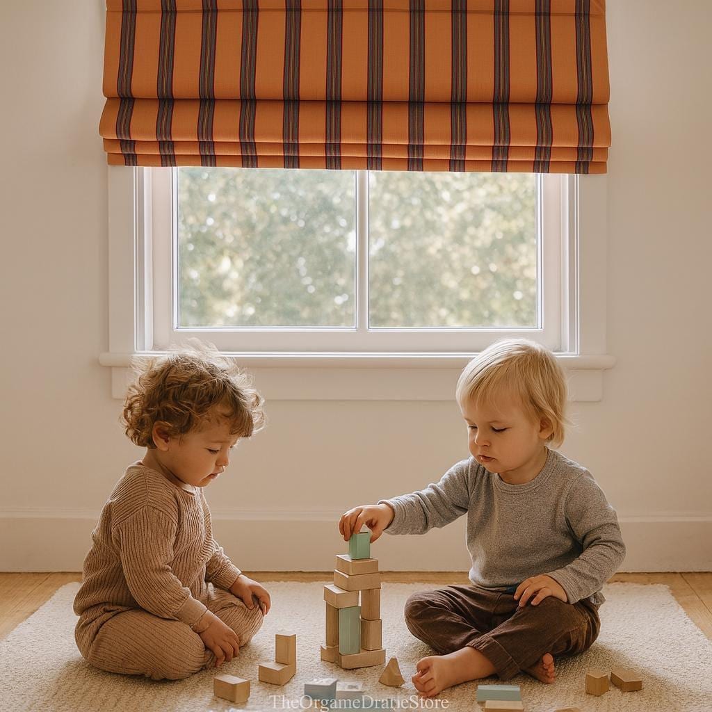 Roman Shade: Kids Nursery Orange Stripe (Organic Cotton, Blackout) — image 2