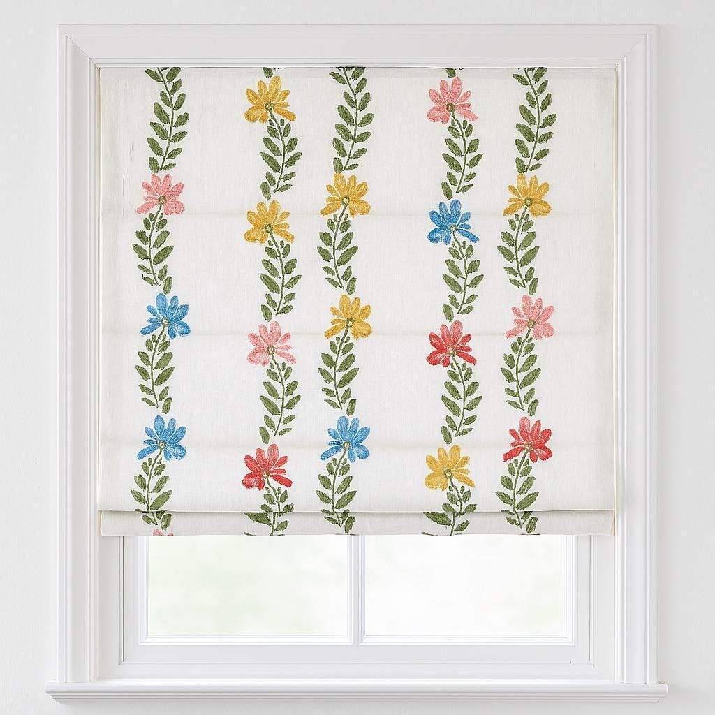 Kids Roman Shade - White Linen with Cheerful Floral Embroidery — image 1