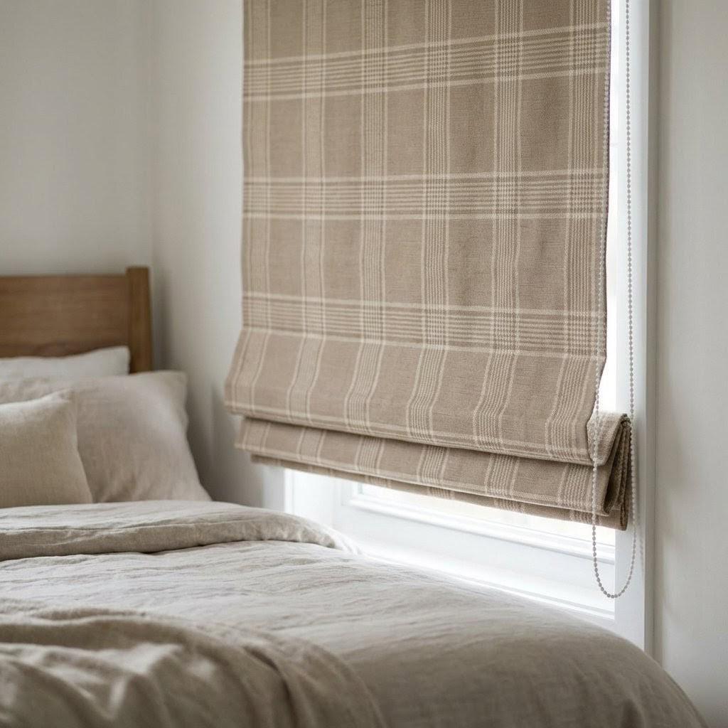 Custom Linen Roman Shade, Taupe Cream Plaid, Farmhouse Window Blind, OEKO-TEX — image 6