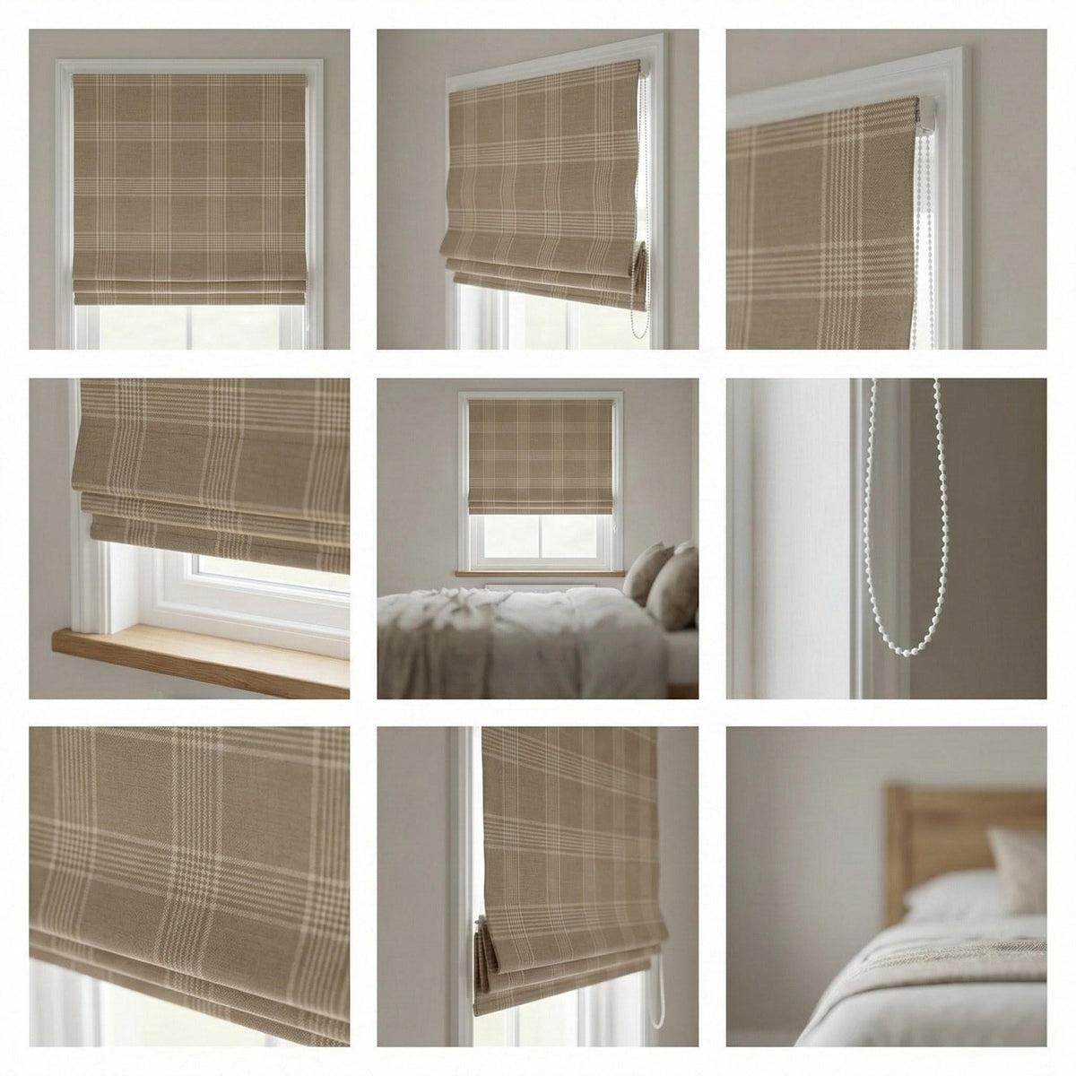 Custom Linen Roman Shade, Taupe Cream Plaid, Farmhouse Window Blind, OEKO-TEX — image 9