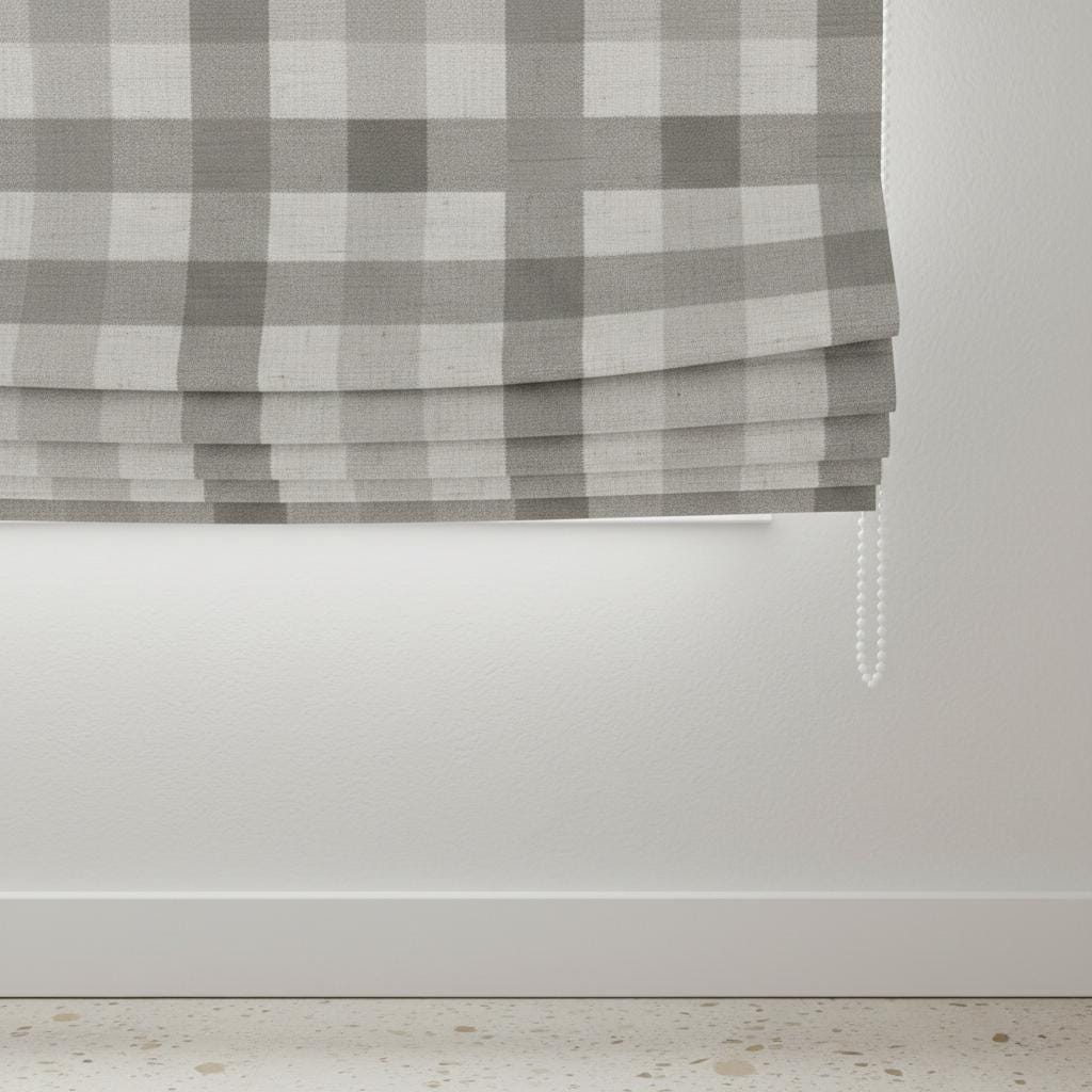 Custom Gray Gingham Linen Roman Shade, Farmhouse Style, Blackout or Light Filtering — image 2